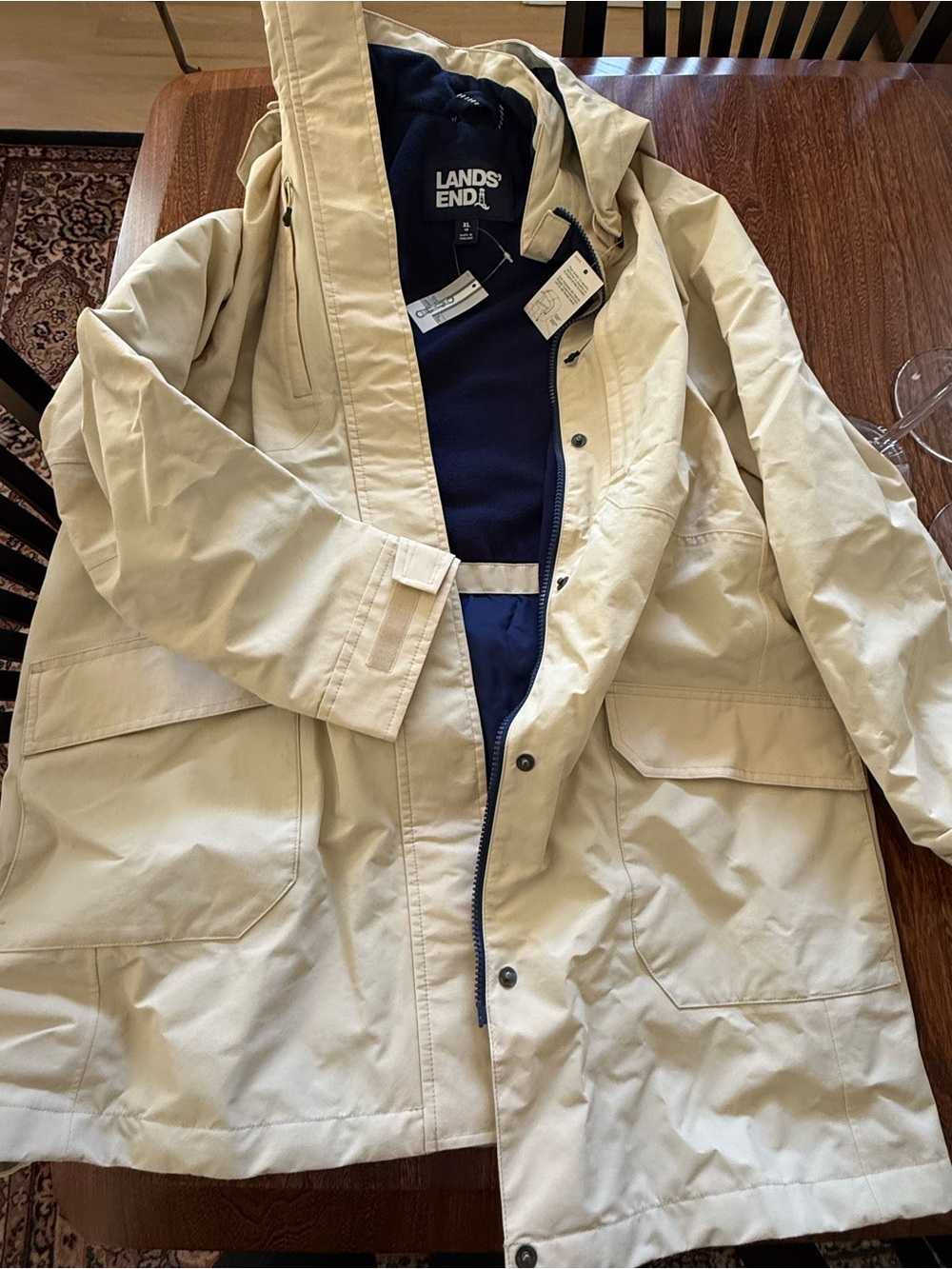Lands' End Squall Women’s Hooded Raincoat with Navy Lining Dark Sand XL NWT